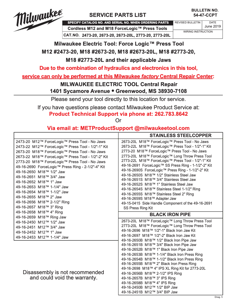 Page 1 de la notice Manuel utilisateur Milwaukee 49-16-2698