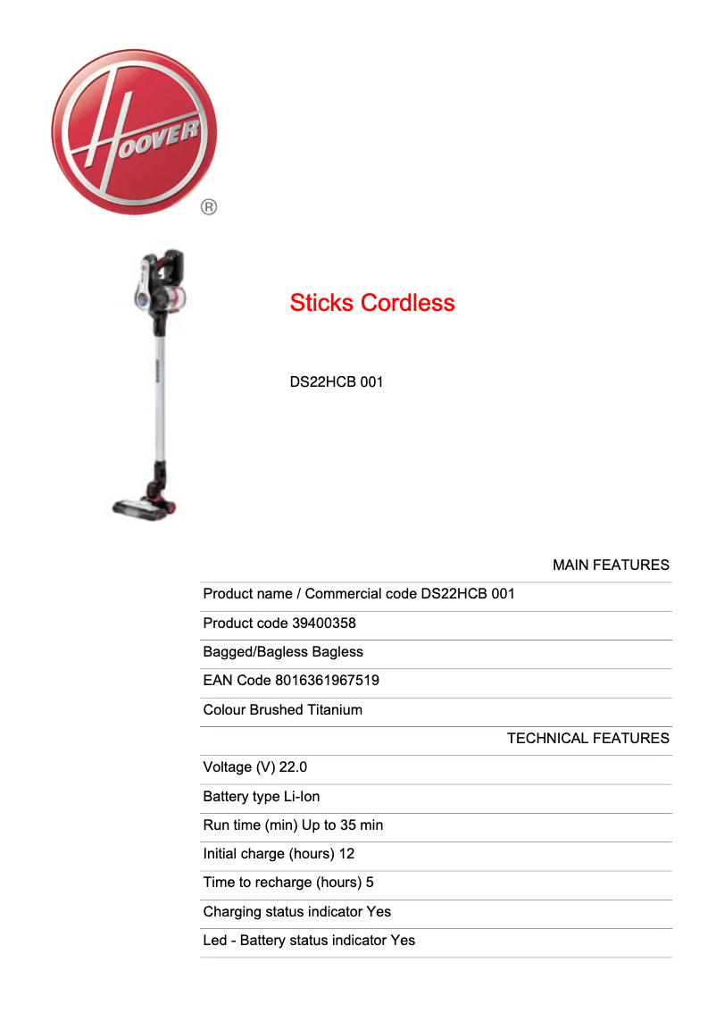 Página 1 del manual Ficha técnica Hoover Discovery DS22HCB 001