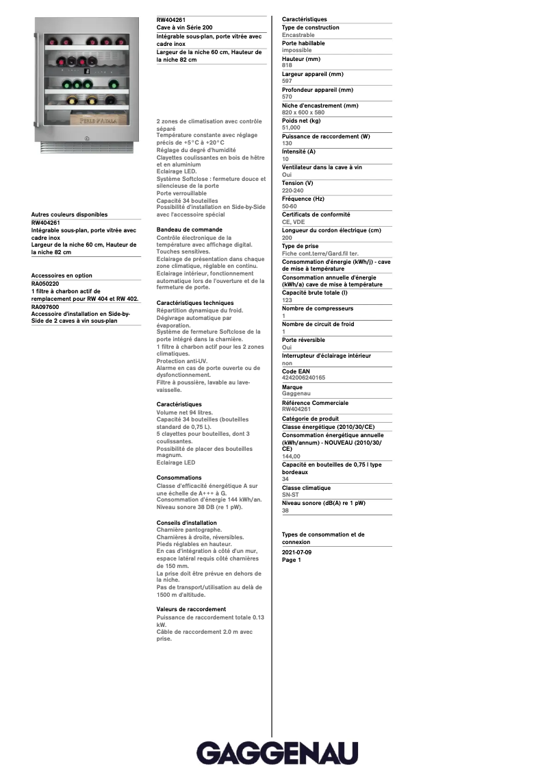 Page 1 de la notice Fiche technique Gaggenau RW404261