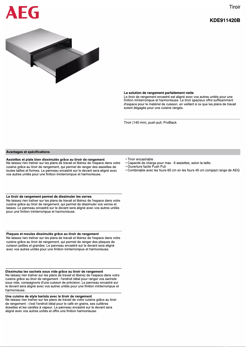 Page 1 de la notice Fiche technique AEG KDE911420B