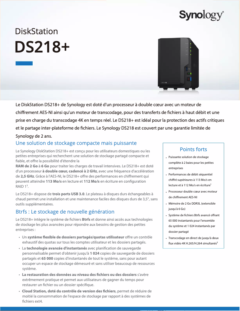 Page 1 de la notice Fiche technique Synology DiskStation DS218+