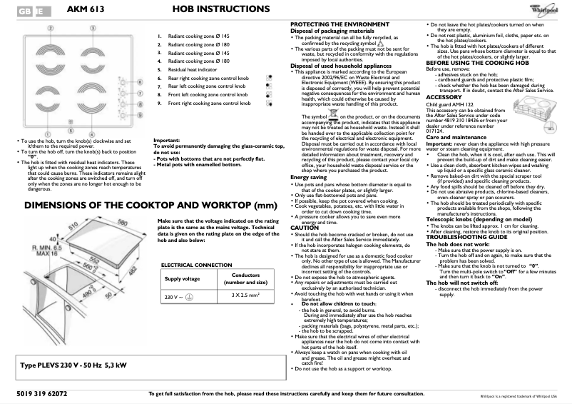 Página 1 del manual Manual de instrucciones Whirlpool AKM 613