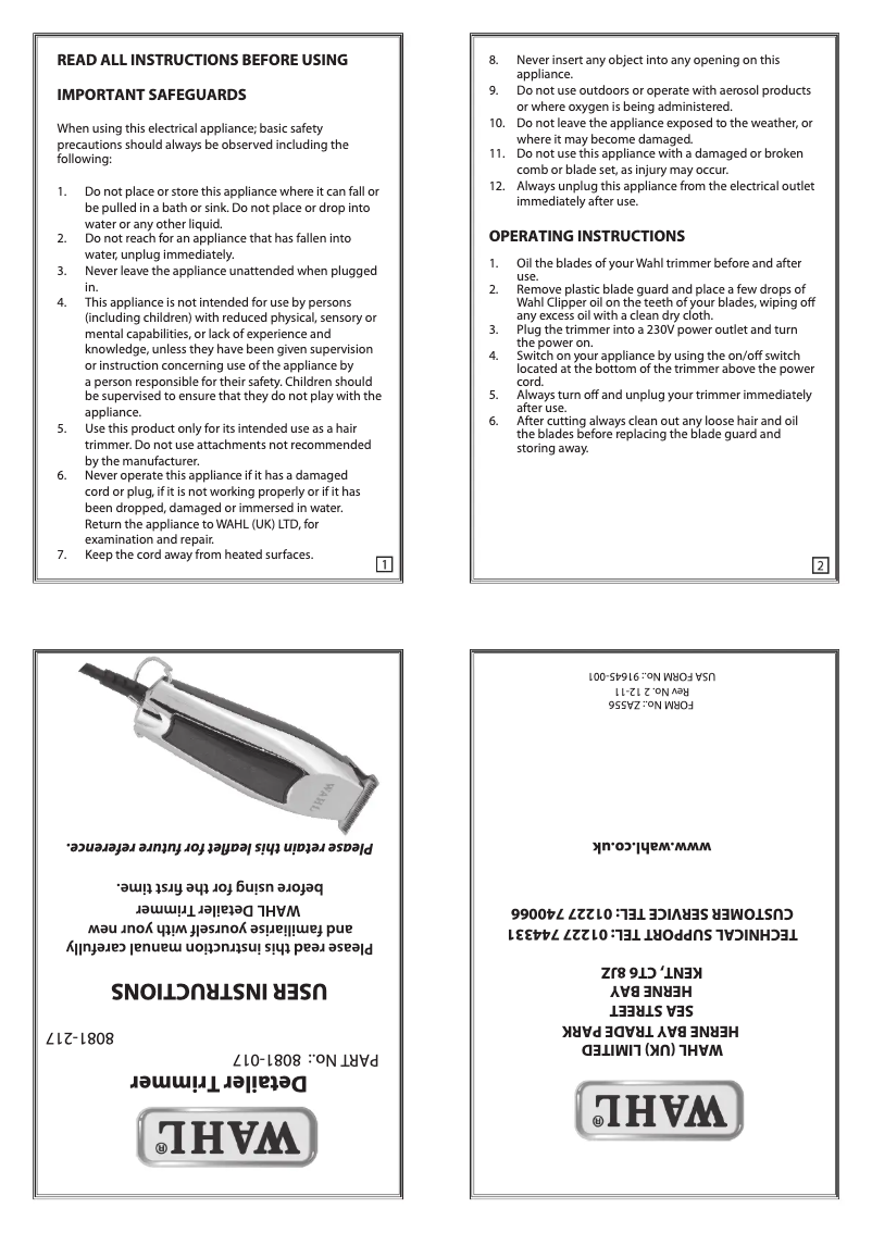 Page 1 de la notice Manuel utilisateur Wahl 8081-217