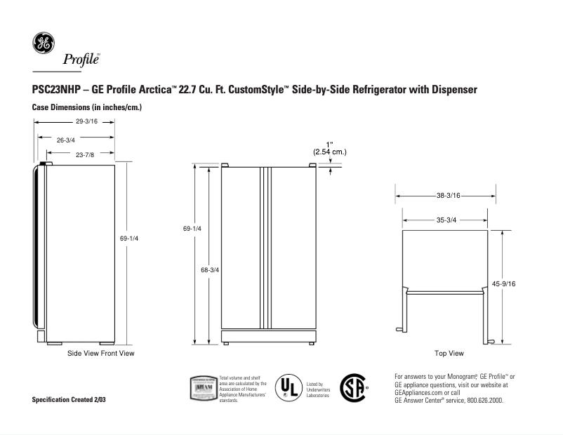 Page n°1 - Fiche technique GE Profile Arctica CustomStyle PSC23NHPCC