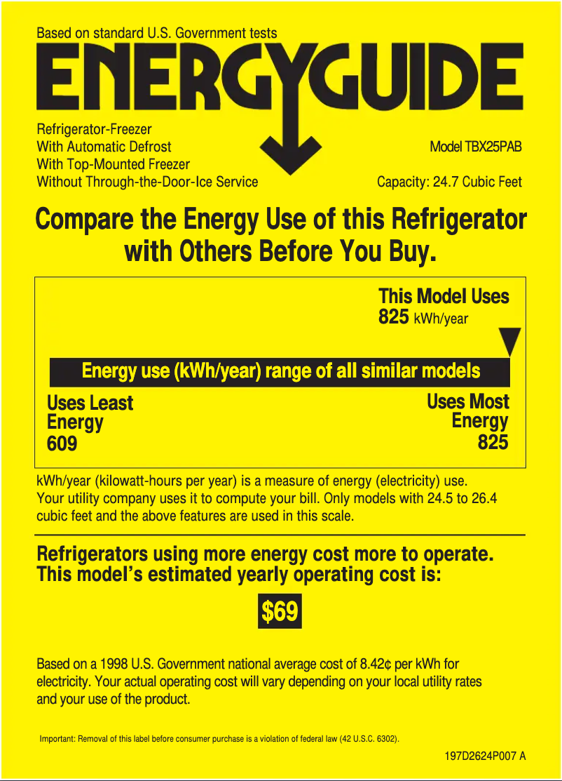 Page 1 de la notice Label énergétique GE Profile TBX25PABBB