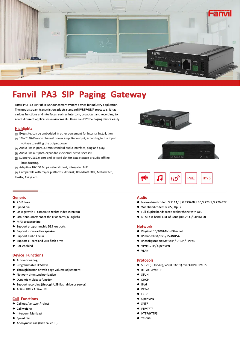 Page 1 of the manual Technical Sheet Fanvil PA3
