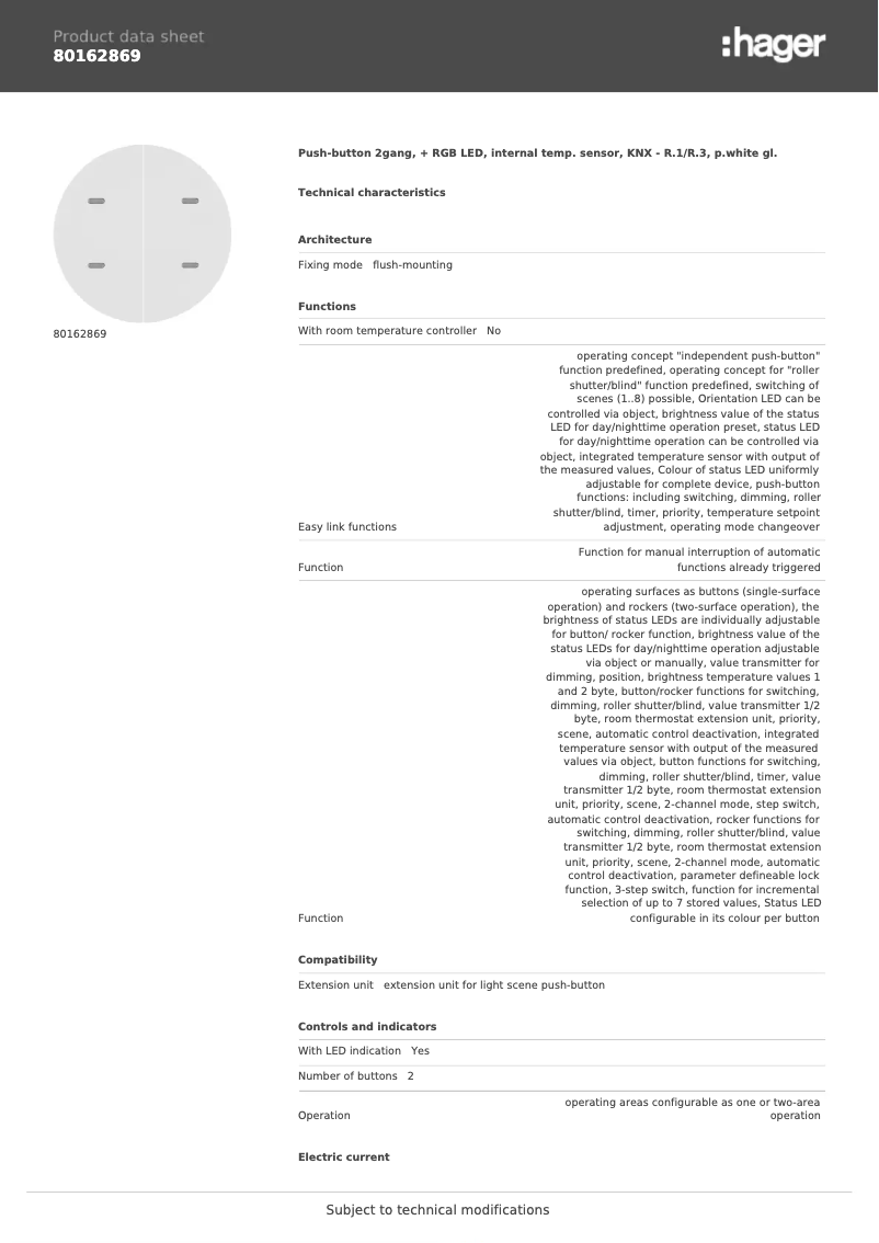 Page 1 de la notice Fiche technique Berker 80162869