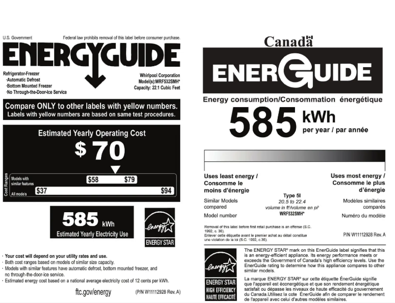 Page 1 de la notice Label énergétique Whirlpool WRF532SMH