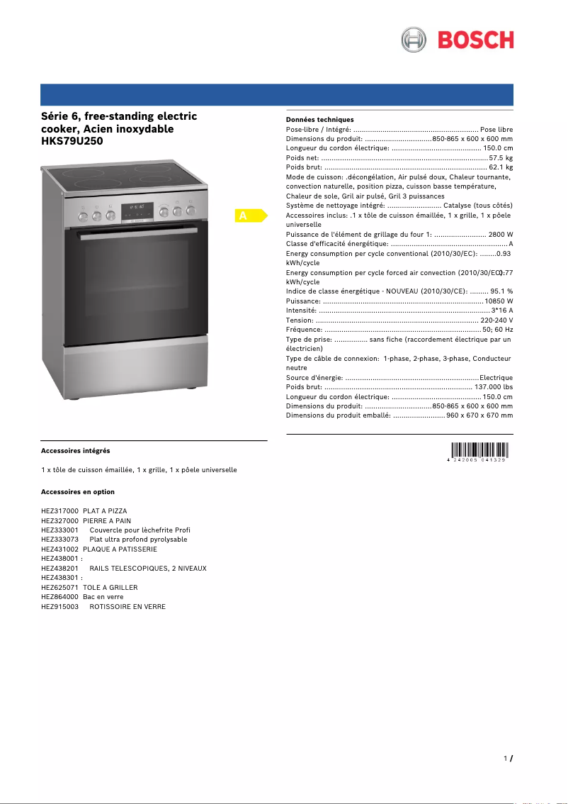 Page 1 of the manual Technical Sheet Bosch HKS79U250