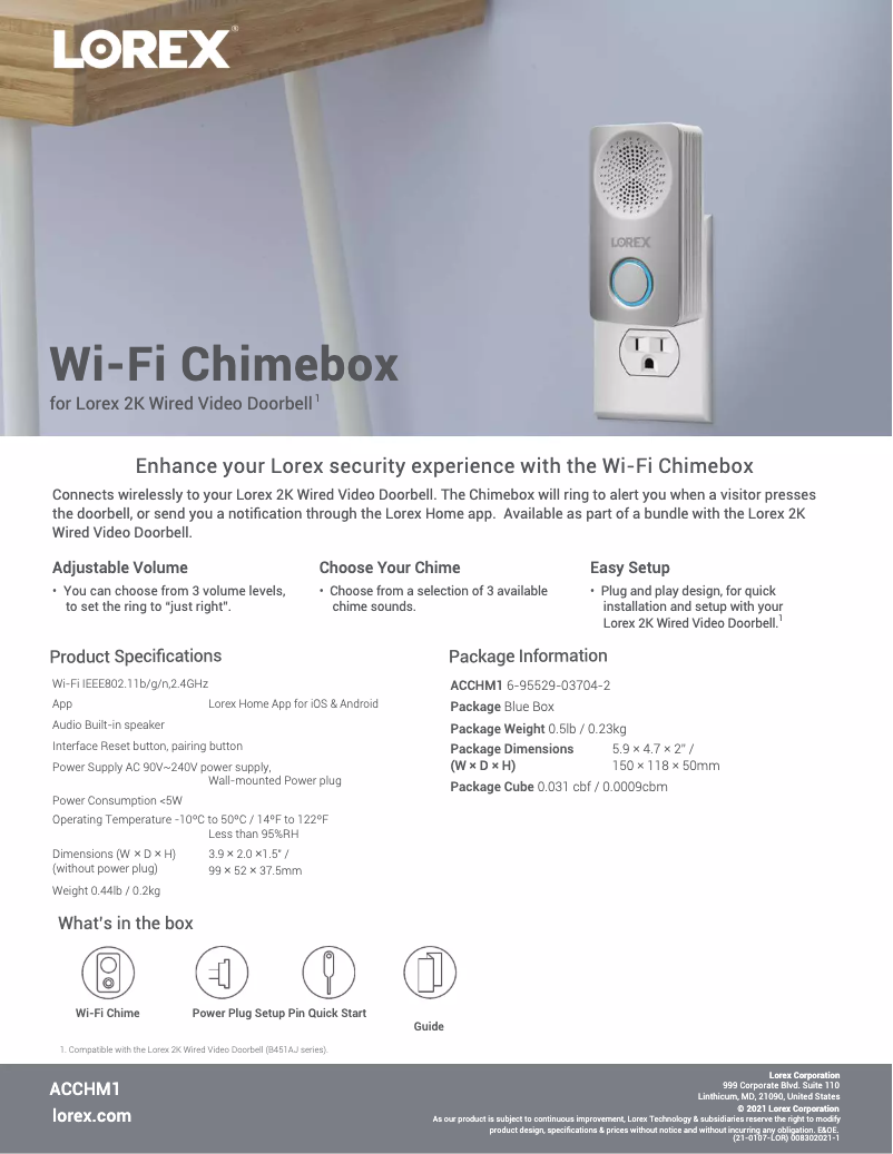 Page 1 de la notice Fiche technique Lorex ACCHM1