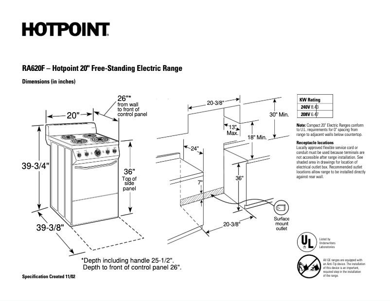Page 1 de la notice Fiche technique Hotpoint RA620FWH