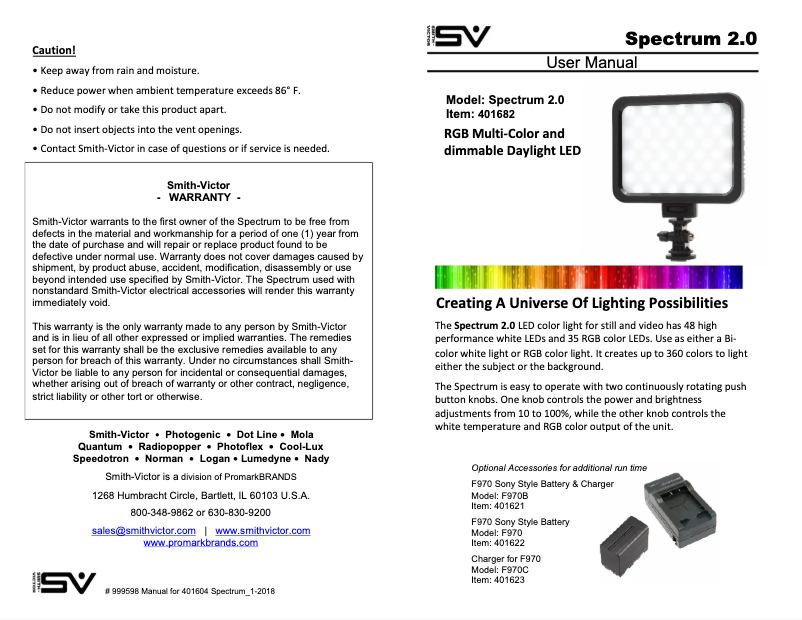 Page 1 de la notice Manuel utilisateur Smith-Victor Spectrum 2.0