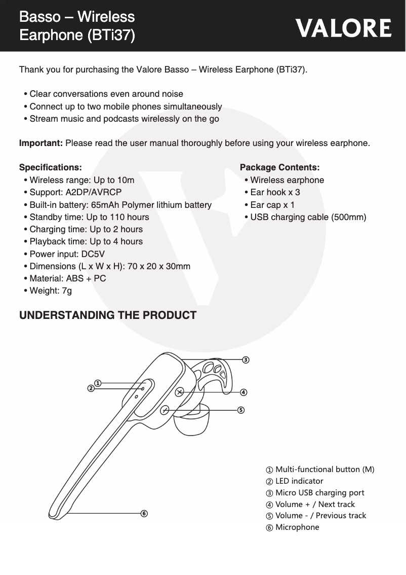 Page 1 de la notice Manuel utilisateur Valore BTi37