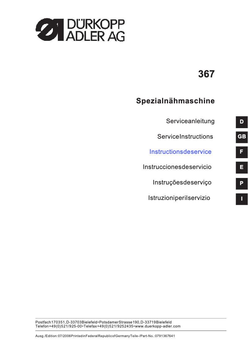 Page 1 of the manual User Manual Dürkopp Adler 367