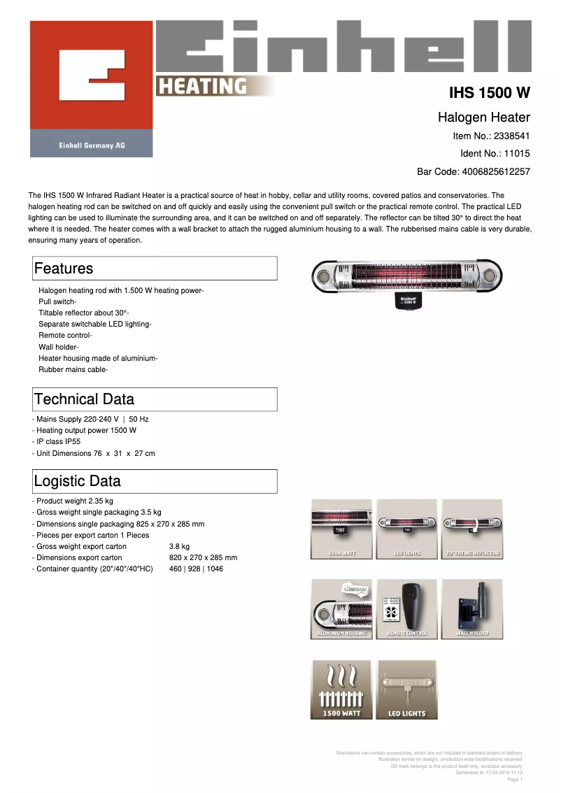 Page 1 de la notice Fiche technique Einhell IHS 1500 W
