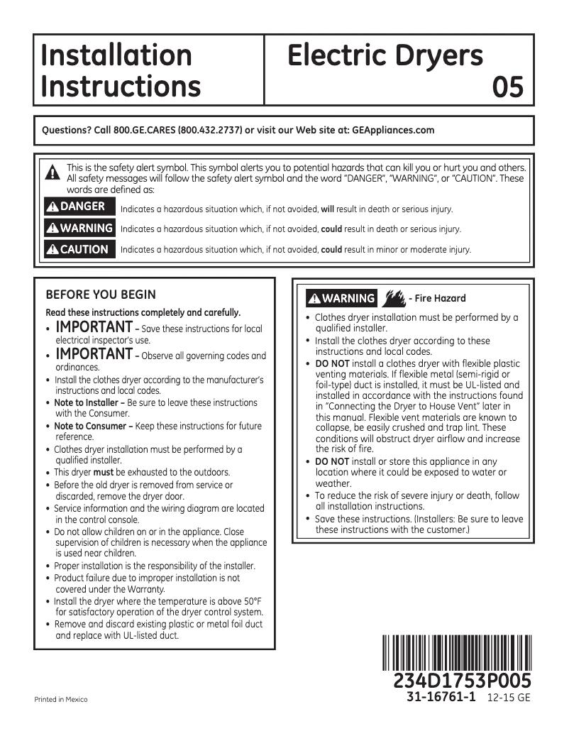 Página 1 del manual Guía de instalación GE GTD81ESPJMC
