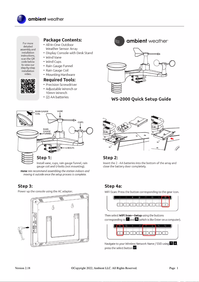 Page 1 de la notice Manuel utilisateur Ambient Weather WS-2000
