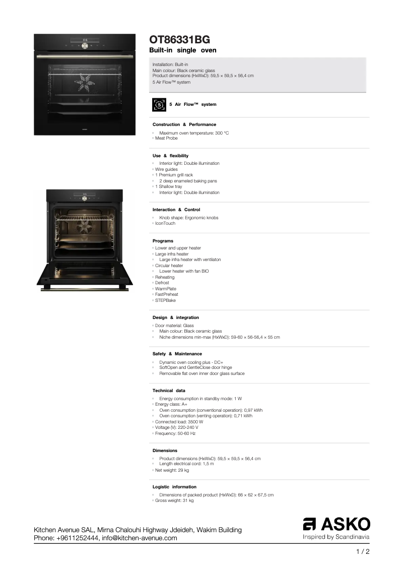 Page 1 de la notice Fiche technique Asko OT86331BG