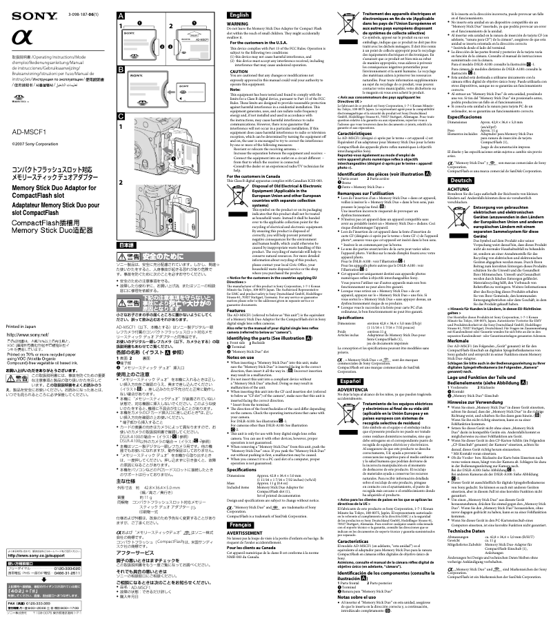 Page n°1 - Manuel utilisateur Sony AD-MSCF1