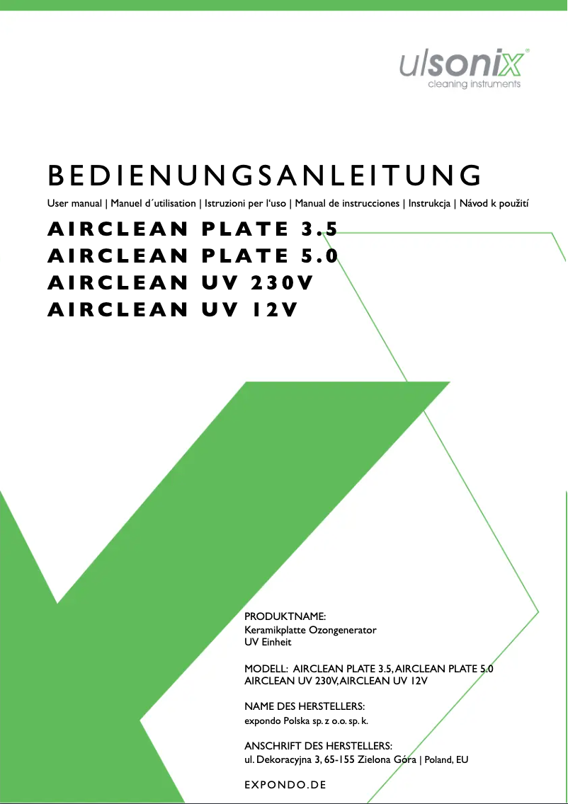 Page 1 de la notice Manuel utilisateur Ulsonix AIRCLEAN PLATE 3.5
