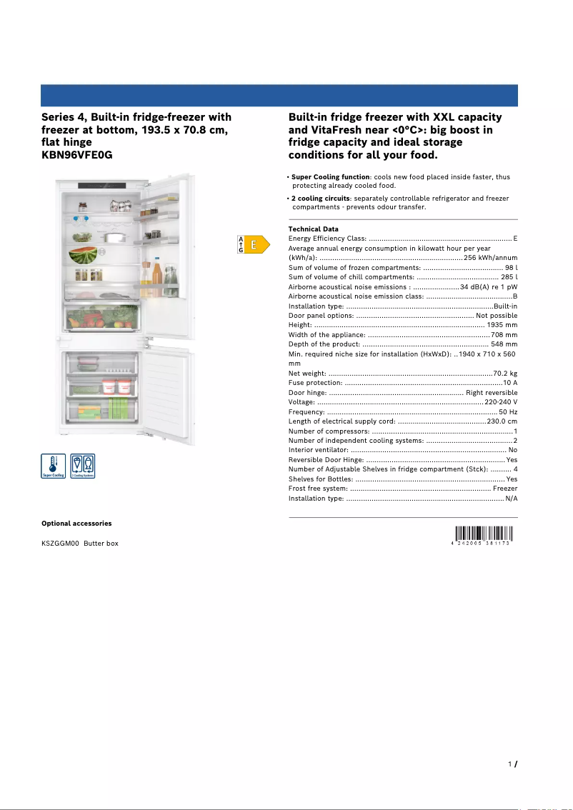 Page 1 de la notice Fiche technique Bosch KBN96VFE0G