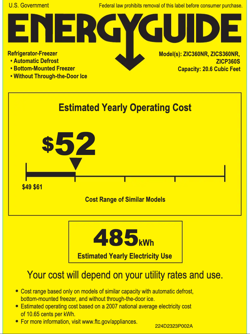 Página 1 del manual Etiqueta energética GE ZIC360NRRH