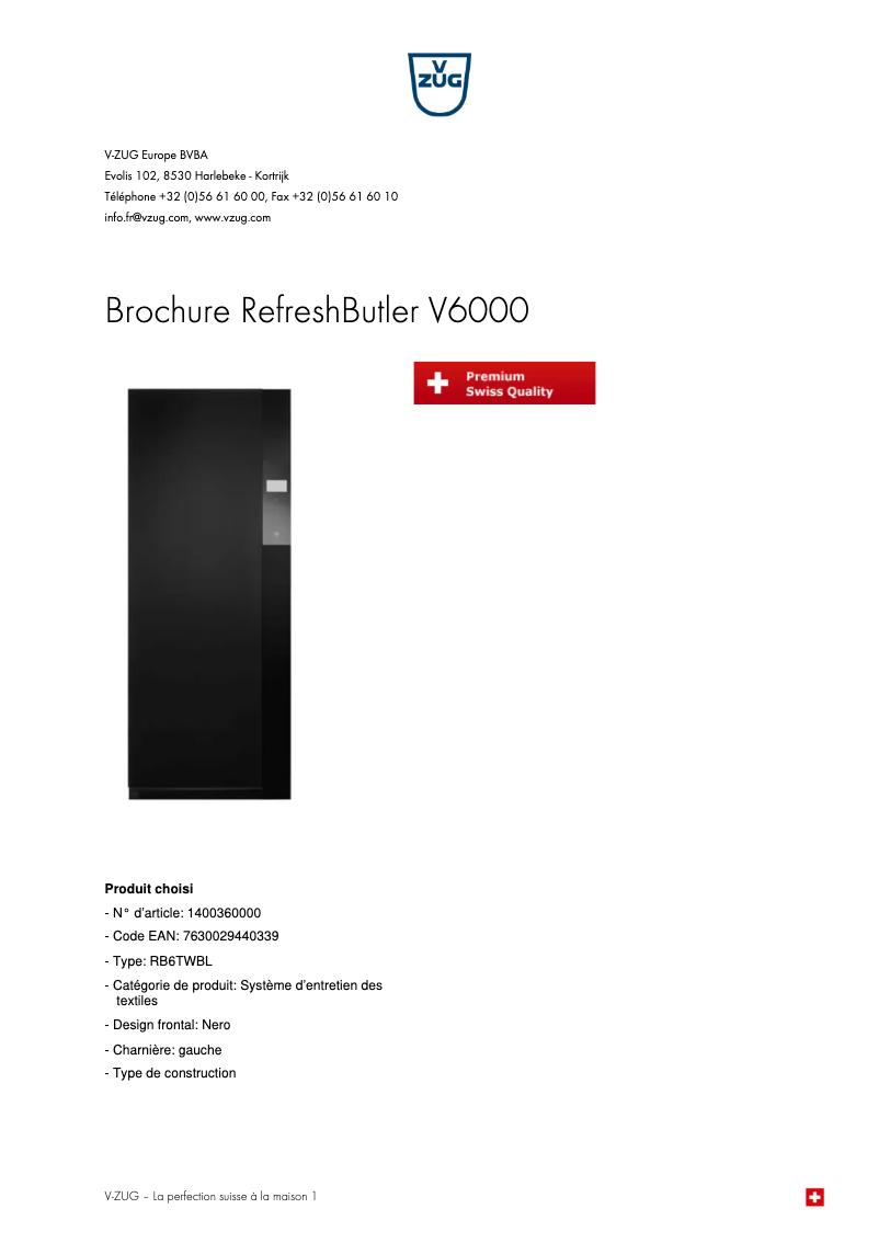 Page 1 de la notice Brochure V-Zug RefreshButler V6000