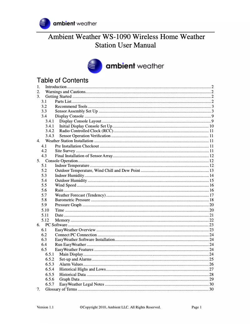 Page 1 de la notice Manuel utilisateur Ambient Weather WS-1090