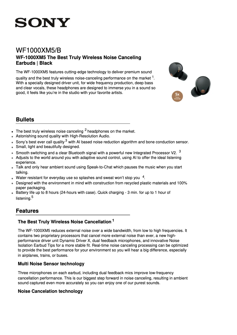 Page 1 of the manual Technical Sheet Sony WF-1000XM5