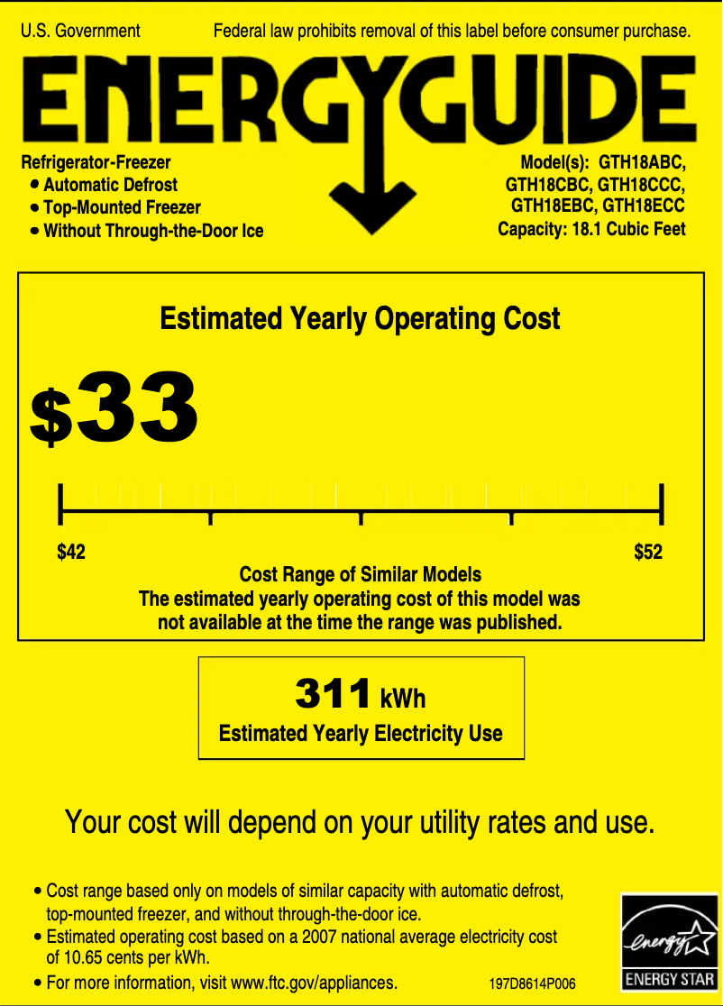 Page 1 de la notice Label énergétique GE GTH18ECCWW
