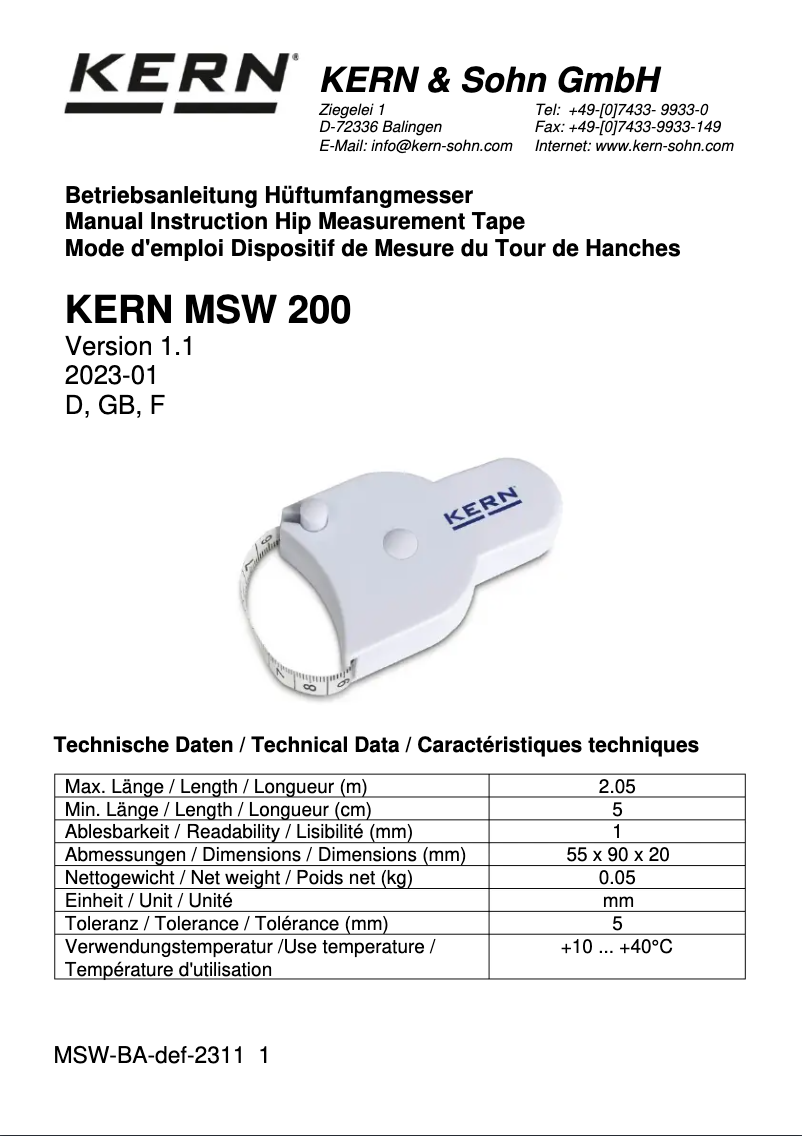 Page 1 de la notice Manuel utilisateur Kern MSW 200S05