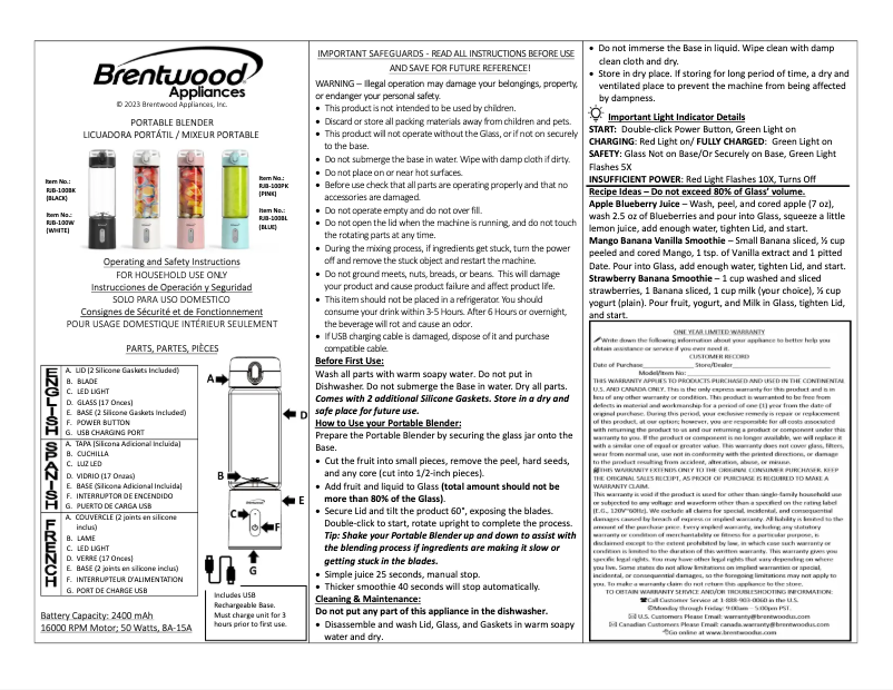 Page 1 de la notice Manuel utilisateur Brentwood RJB-100BK