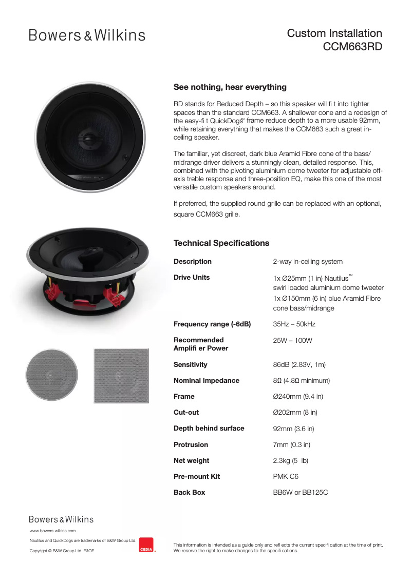 Page 1 de la notice Fiche technique Bowers & Wilkins CCM663