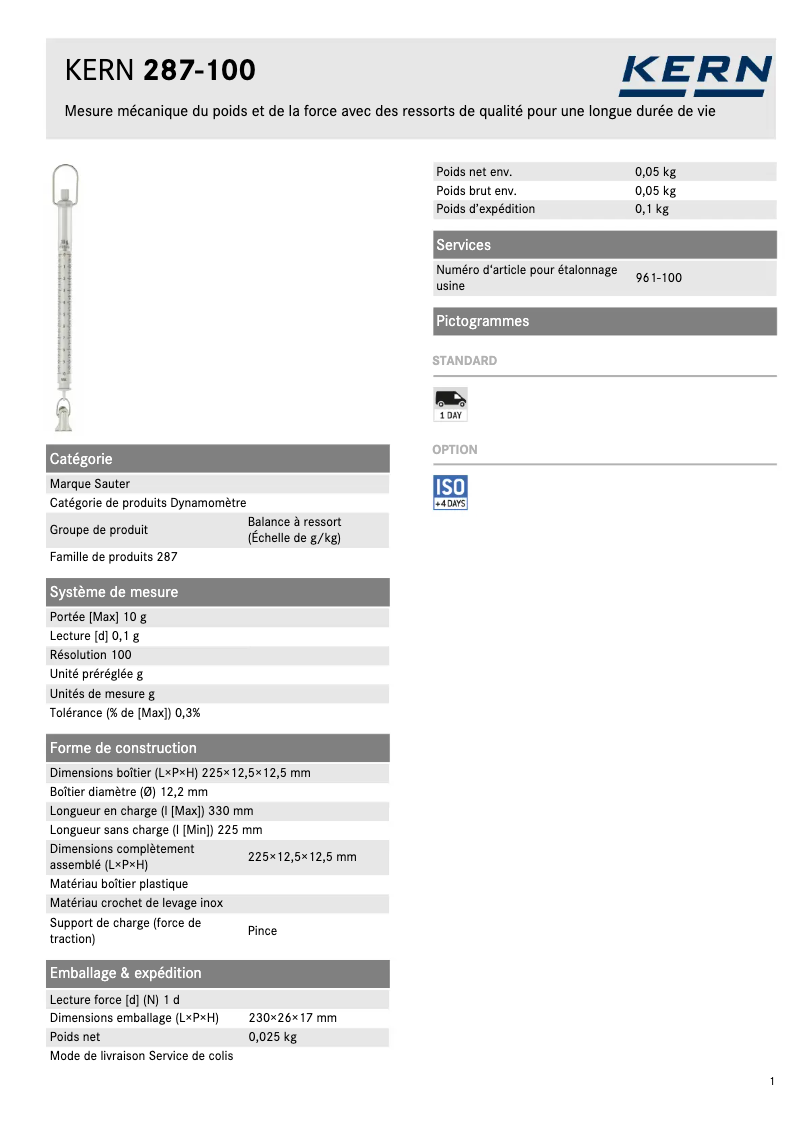 Page 1 de la notice Fiche technique Kern 287-100
