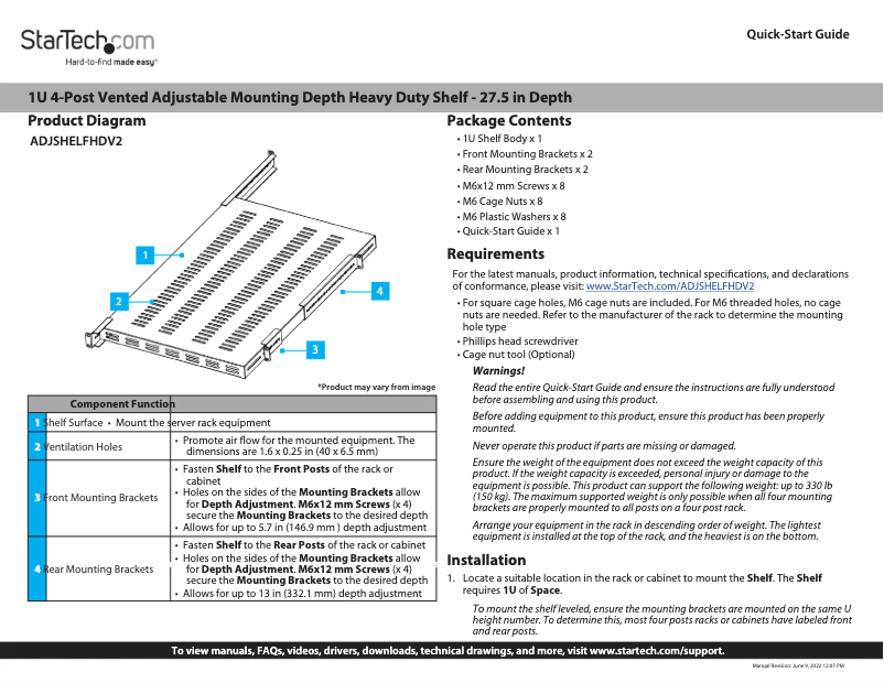 Page 1 de la notice Manuel utilisateur StarTech.com ADJSHELFHDV2
