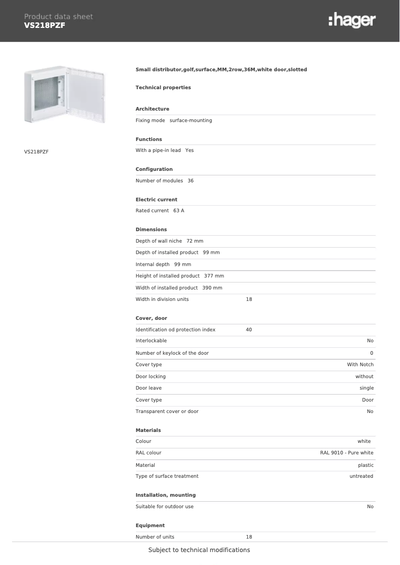 Page 1 de la notice Manuel utilisateur Hager VS218PZF