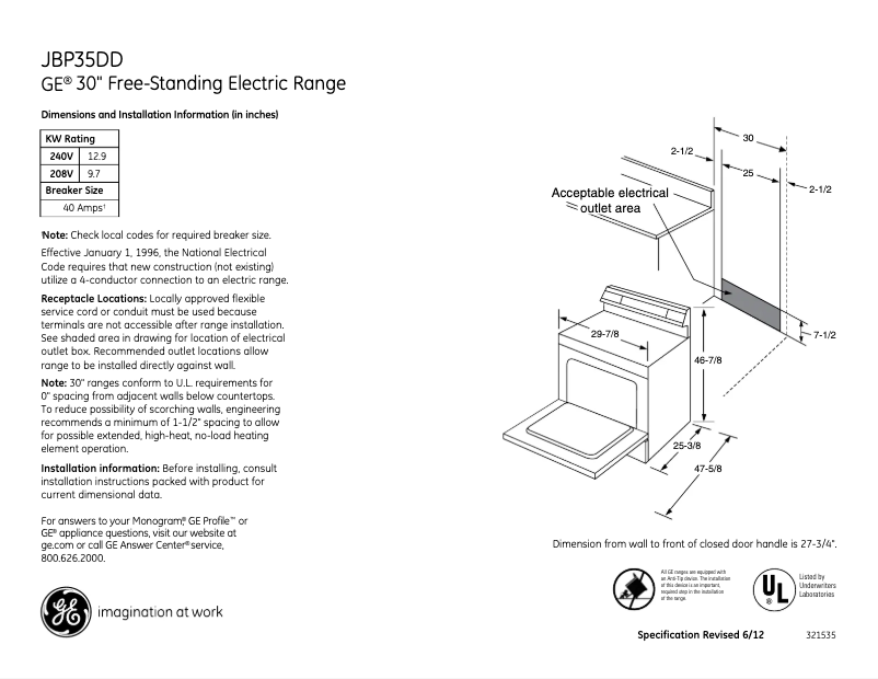 Page 1 of the manual Technical Sheet GE JBP35DDWW