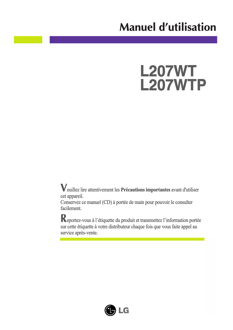 Page 1 de la notice Manuel utilisateur LG L207WTP-PF
