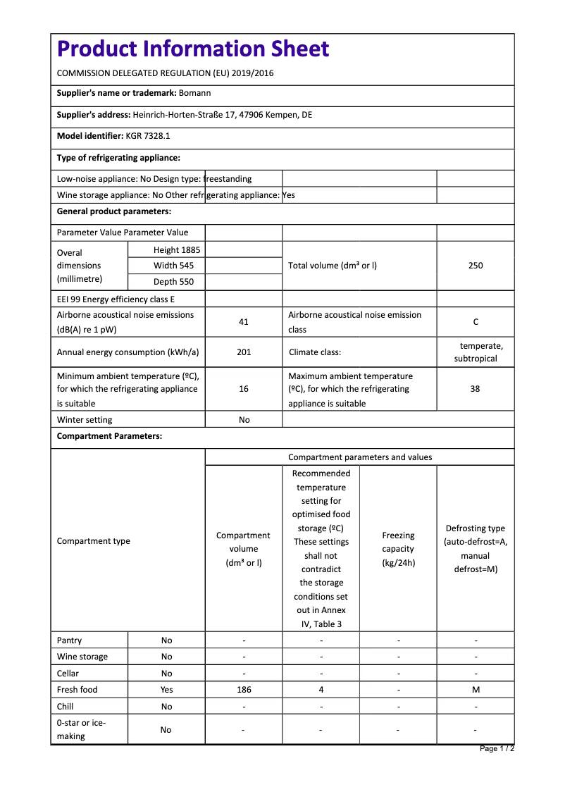 Página 1 del manual Ficha técnica Bomann KGR 7328.1