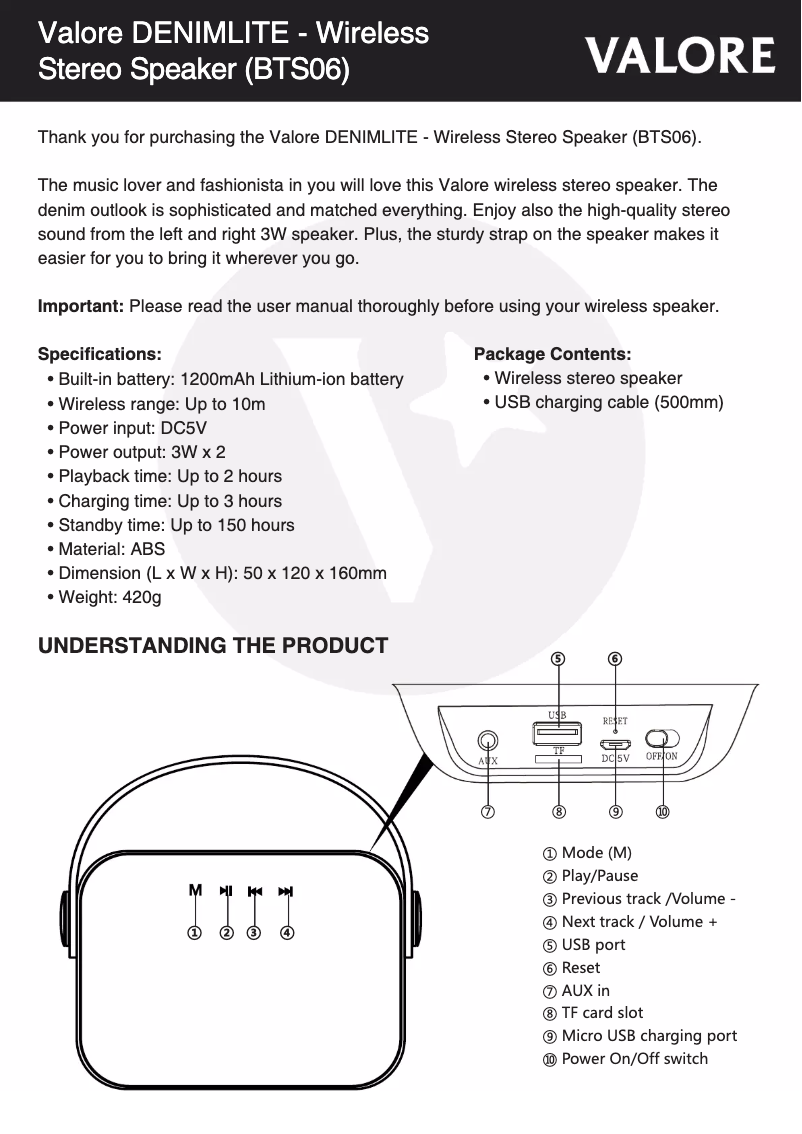 Page 1 de la notice Manuel utilisateur Valore BTS06