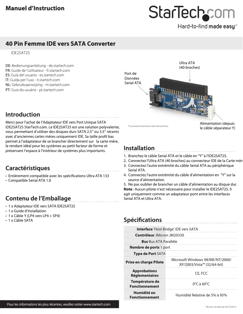 Page 1 de la notice Manuel utilisateur StarTech.com IDE2SAT25
