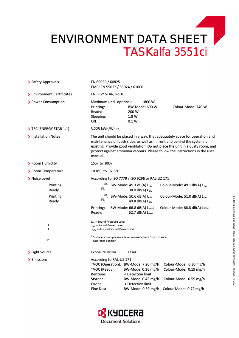 Page 1 de la notice Fiche technique Kyocera TASKalfa 3551ci