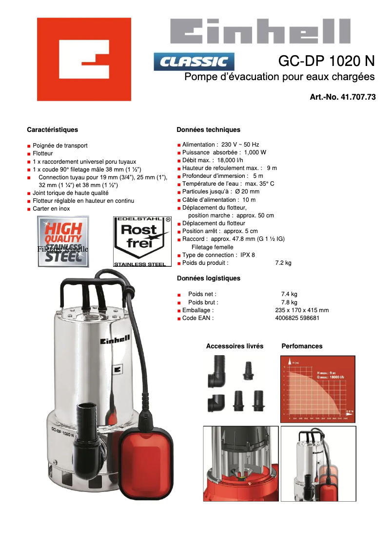 Page 1 de la notice Fiche technique Einhell GC-DP 1020 N