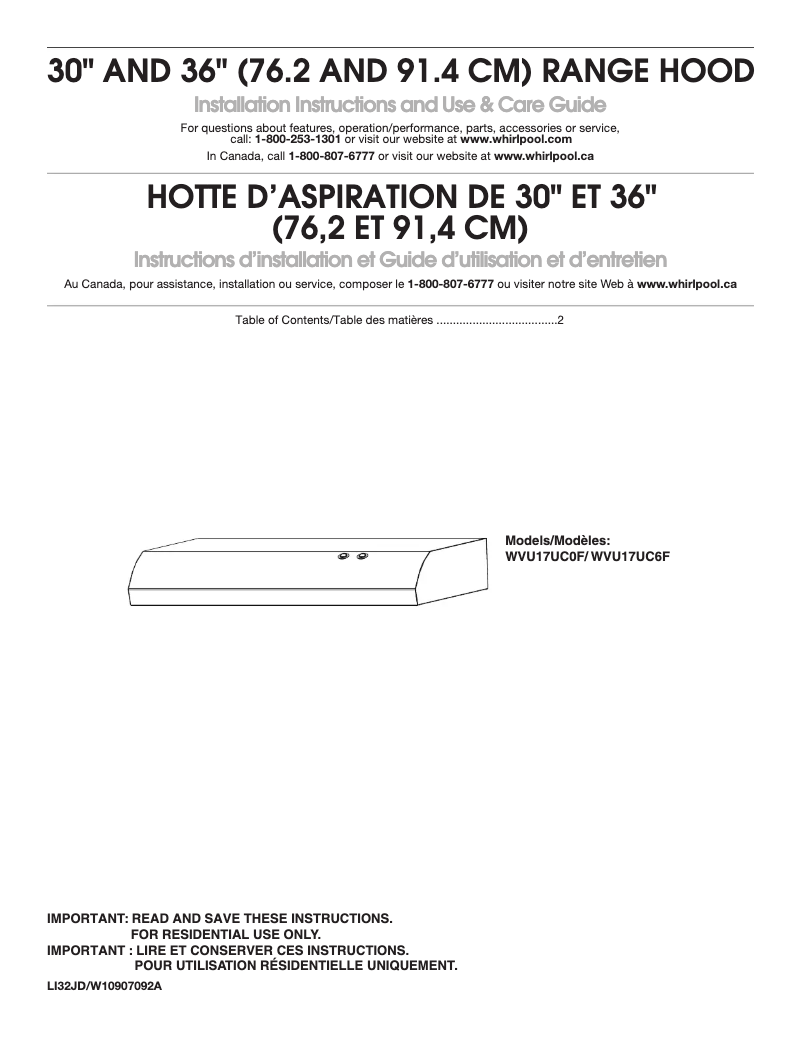 Page 1 de la notice Manuel d'utilisation et d'entretien KitchenAid WVU17UC6FW