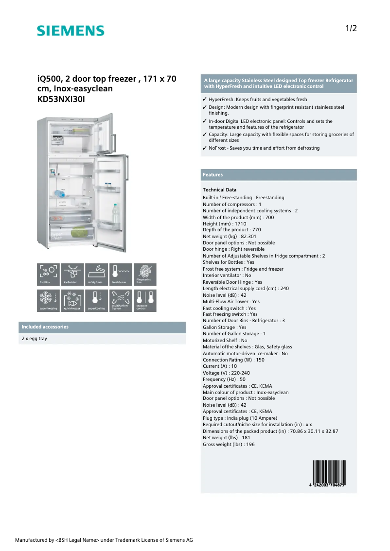 Page 1 de la notice Fiche technique Siemens KD53NXI30I