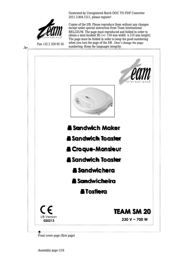 Page 1 de la notice Manuel utilisateur Team SM 20