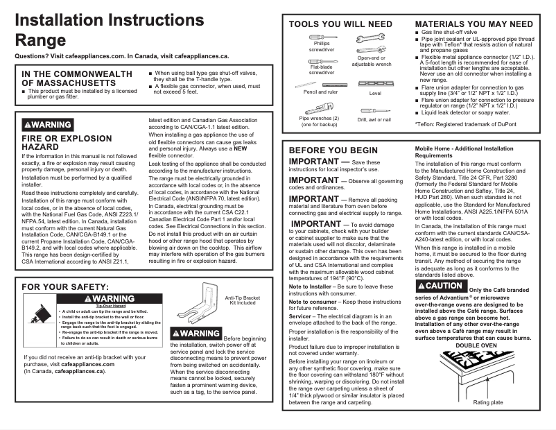 Page 1 de la notice Guide d'installation GE Café CGS995SELSS