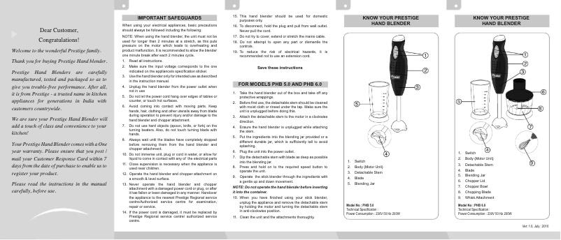 Page 1 de la notice Manuel utilisateur Prestige PHB 5.0