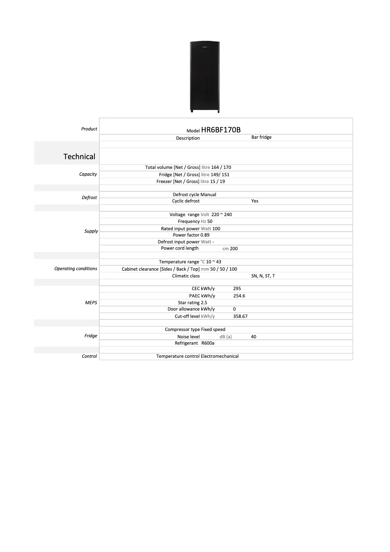 Page 1 de la notice Fiche technique Hisense HR6BF170B