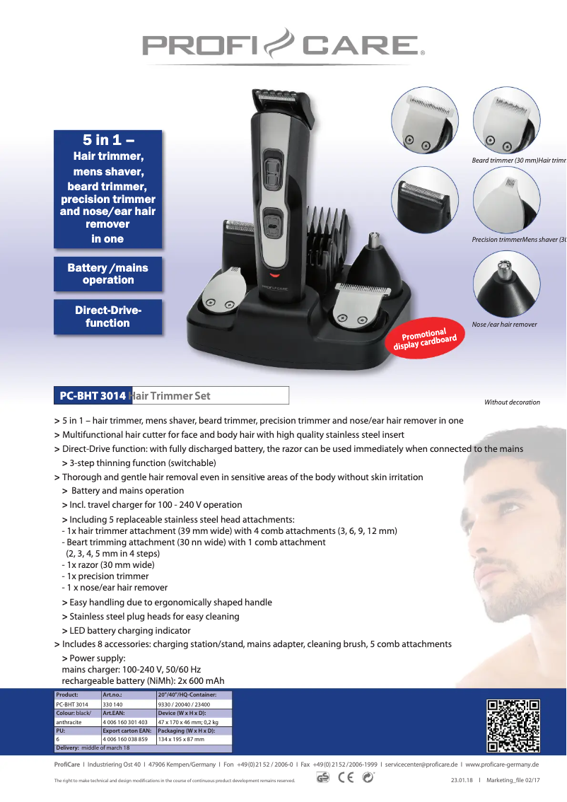 Page 1 de la notice Fiche technique ProfiCare PC-BHT 3014